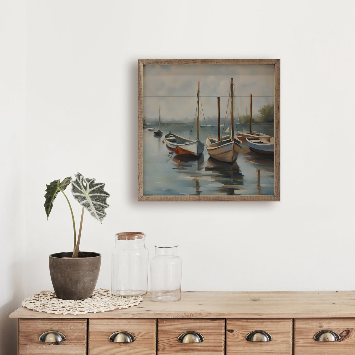 Boats On Pier Wood Framed Print