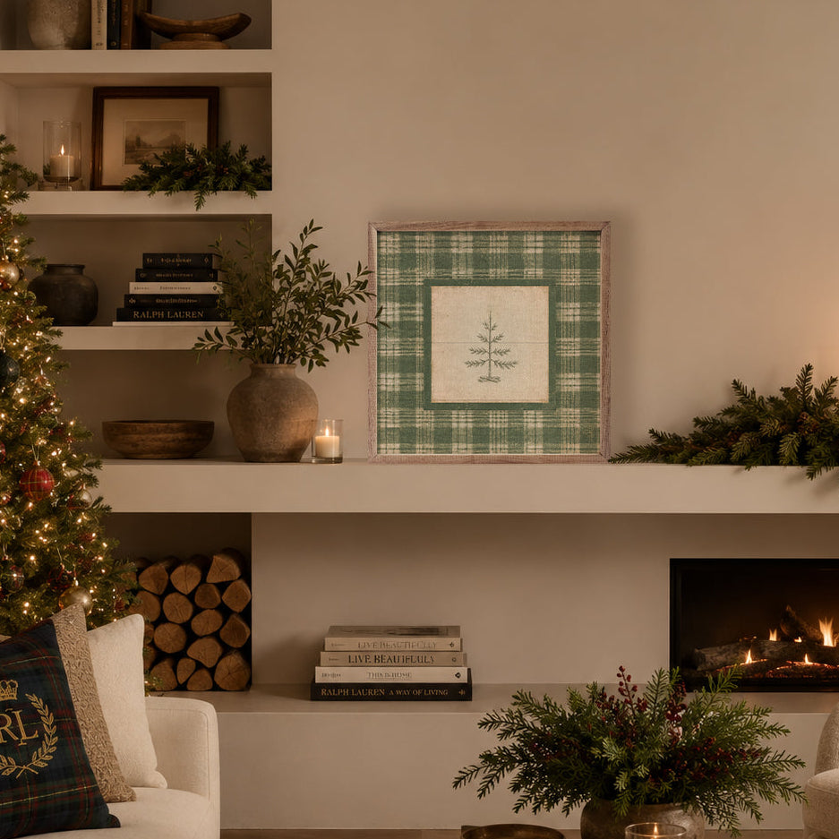 Evergreen Plaid Tree Wood Framed Print