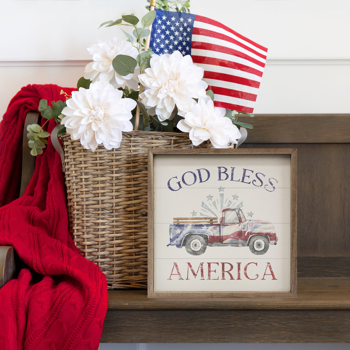God Bless America Flag Truck White Wood Framed Print