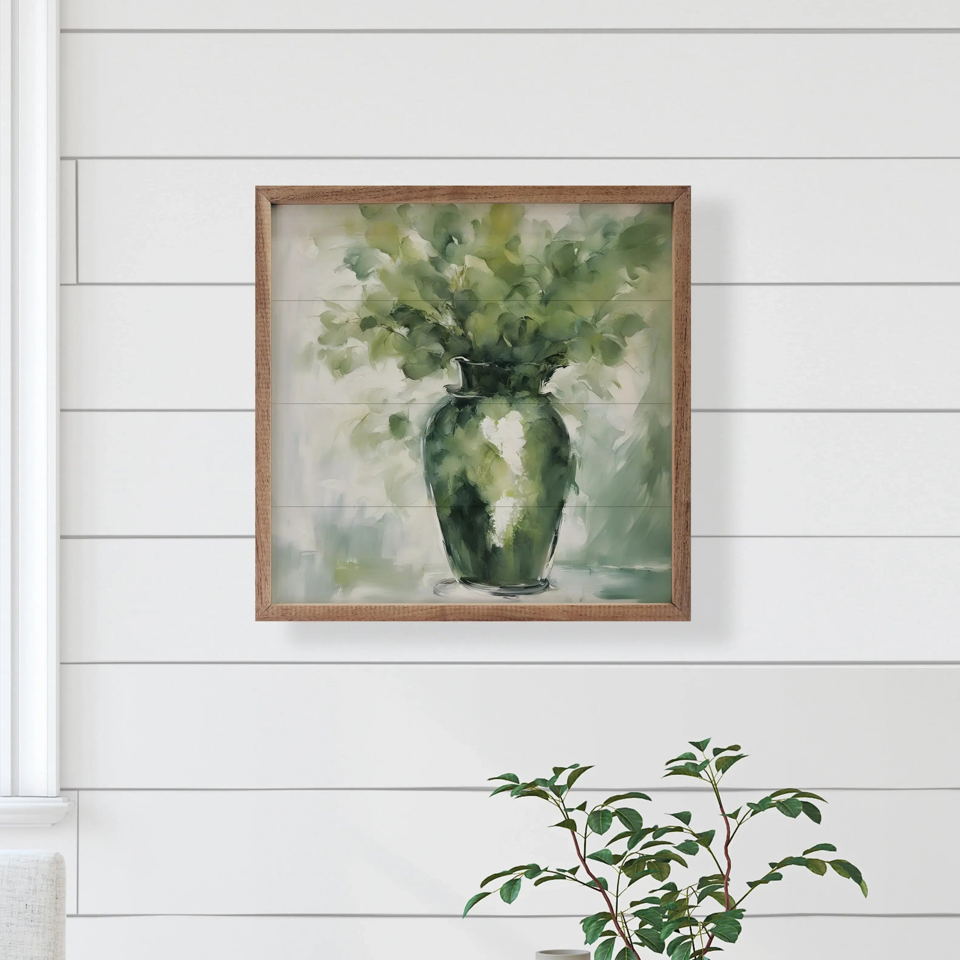 Green Eucalyptus In Vase Wood Framed Print