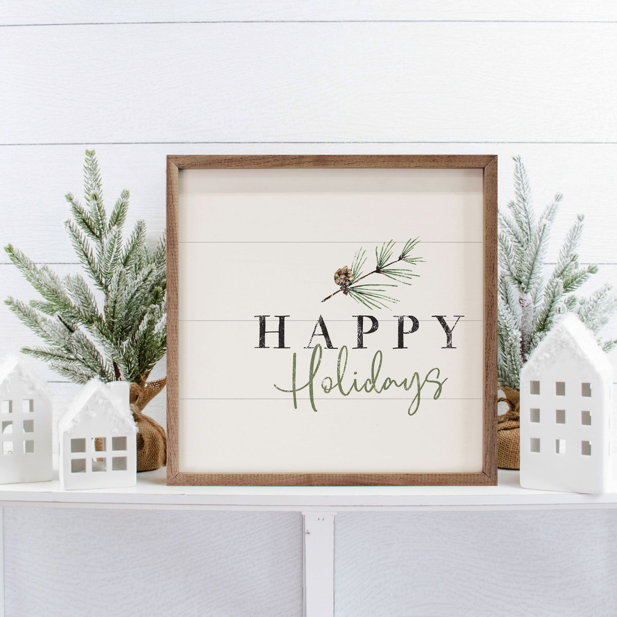 Happy Holidays Pine Branch Wood Framed Print