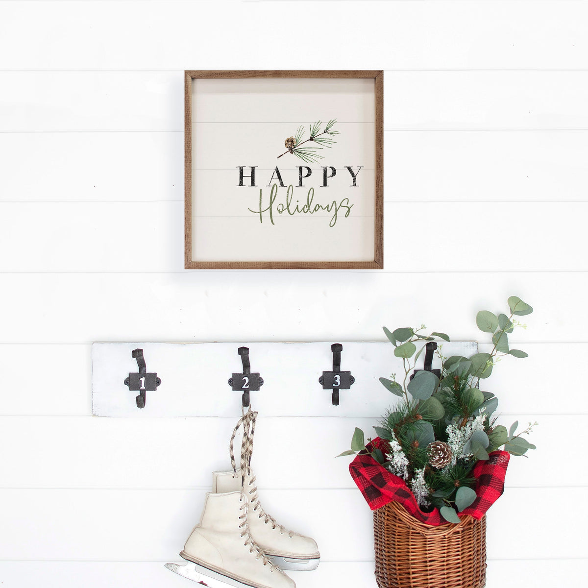 Happy Holidays Pine Branch Wood Framed Print