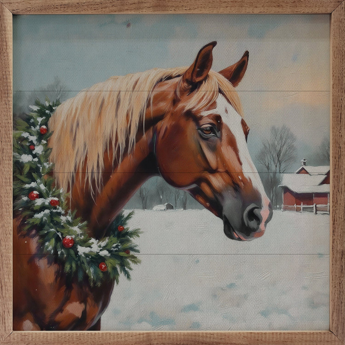 Horse With Wreath Wood Framed Print