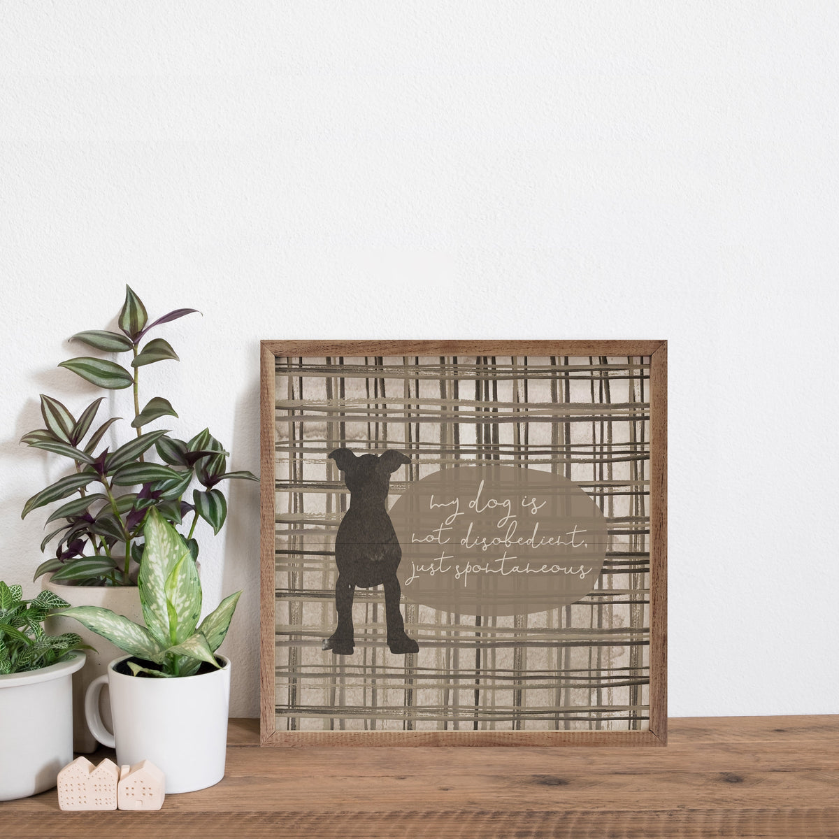 My Dog Is Not Disobedient Plaid By Amylee Weeks Wood Framed Print