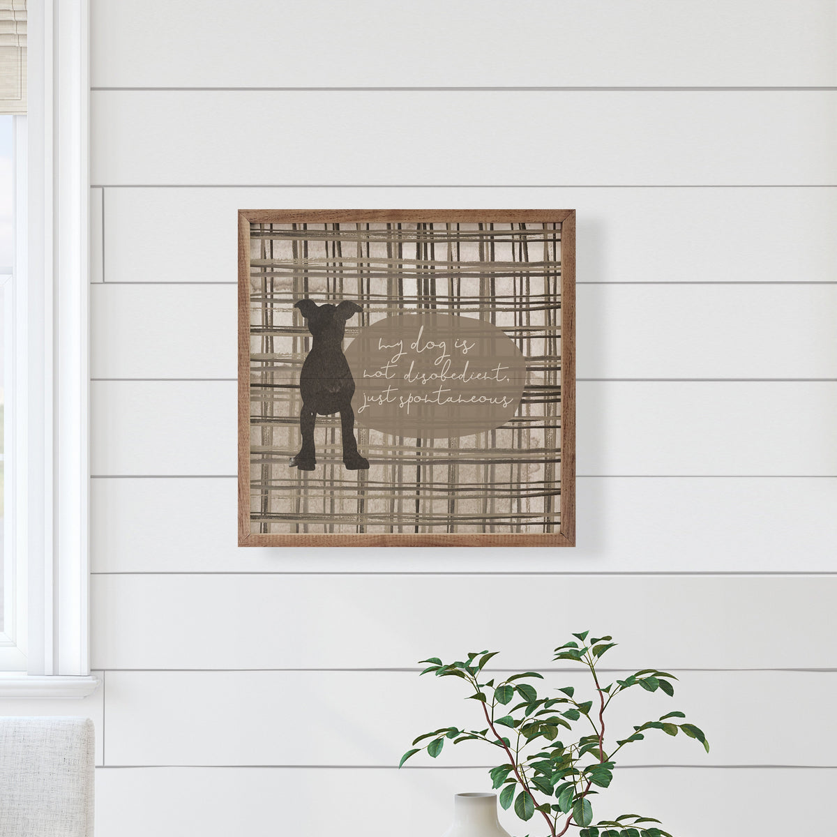 My Dog Is Not Disobedient Plaid By Amylee Weeks Wood Framed Print