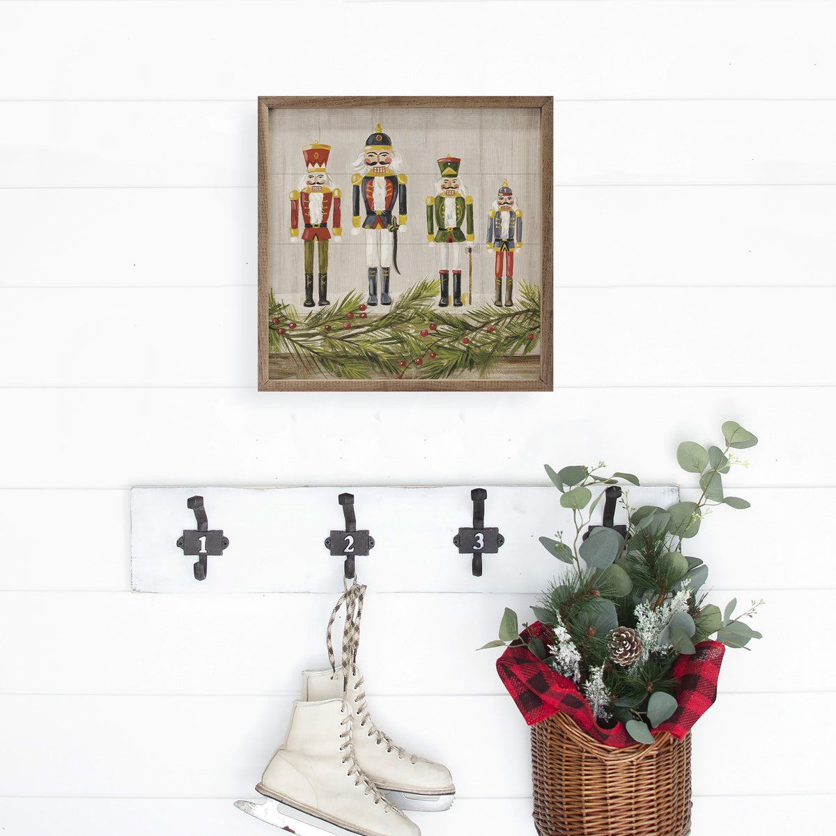 Nutcrackers On A Mantel Wood Framed Print