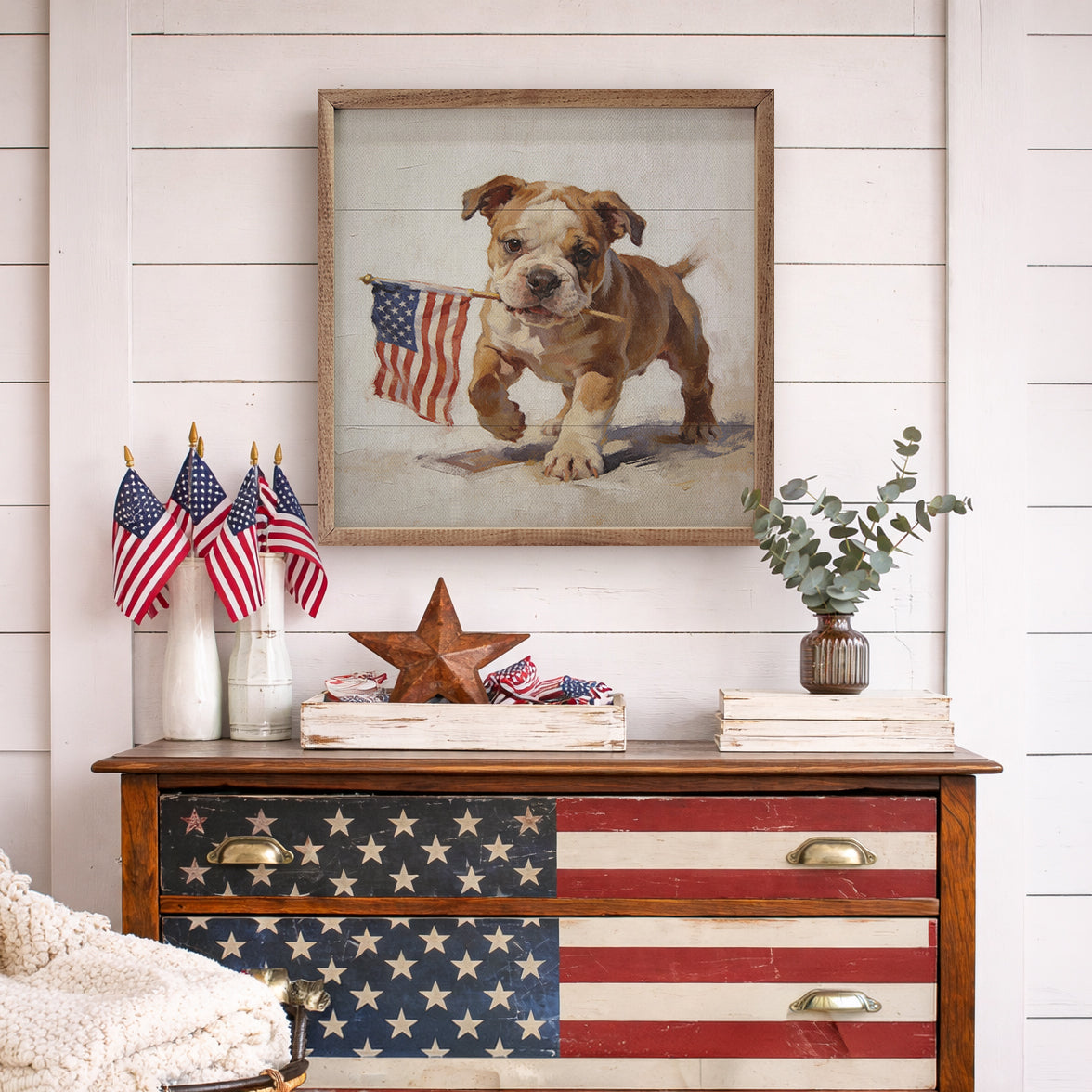 Patriotic Pets English Bulldog Wood Framed Print