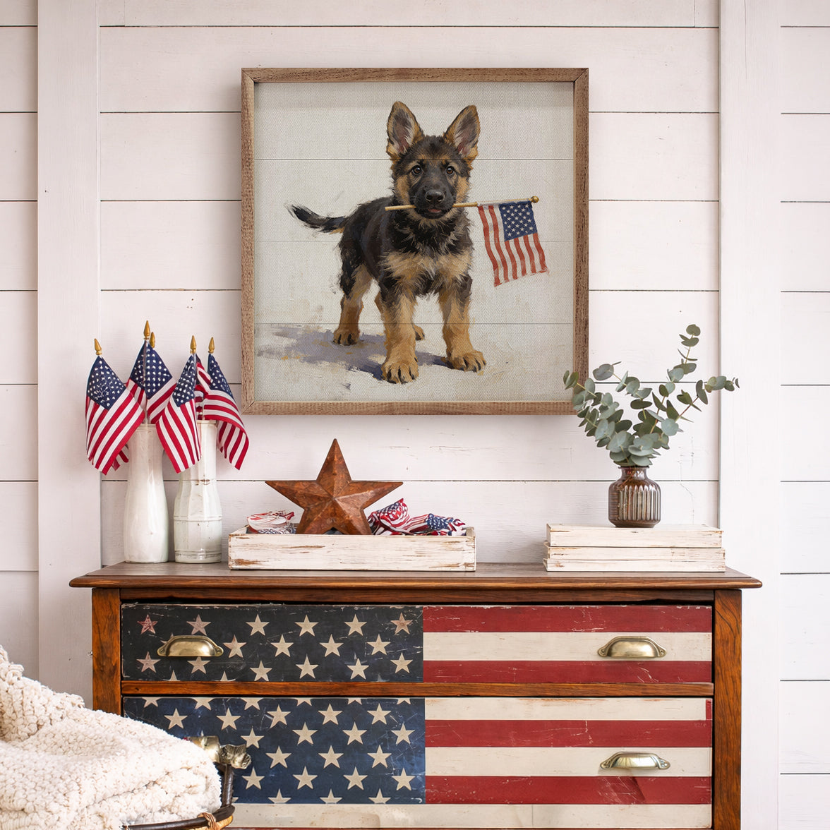 Patriotic Pets German Shepherd Wood Framed Print