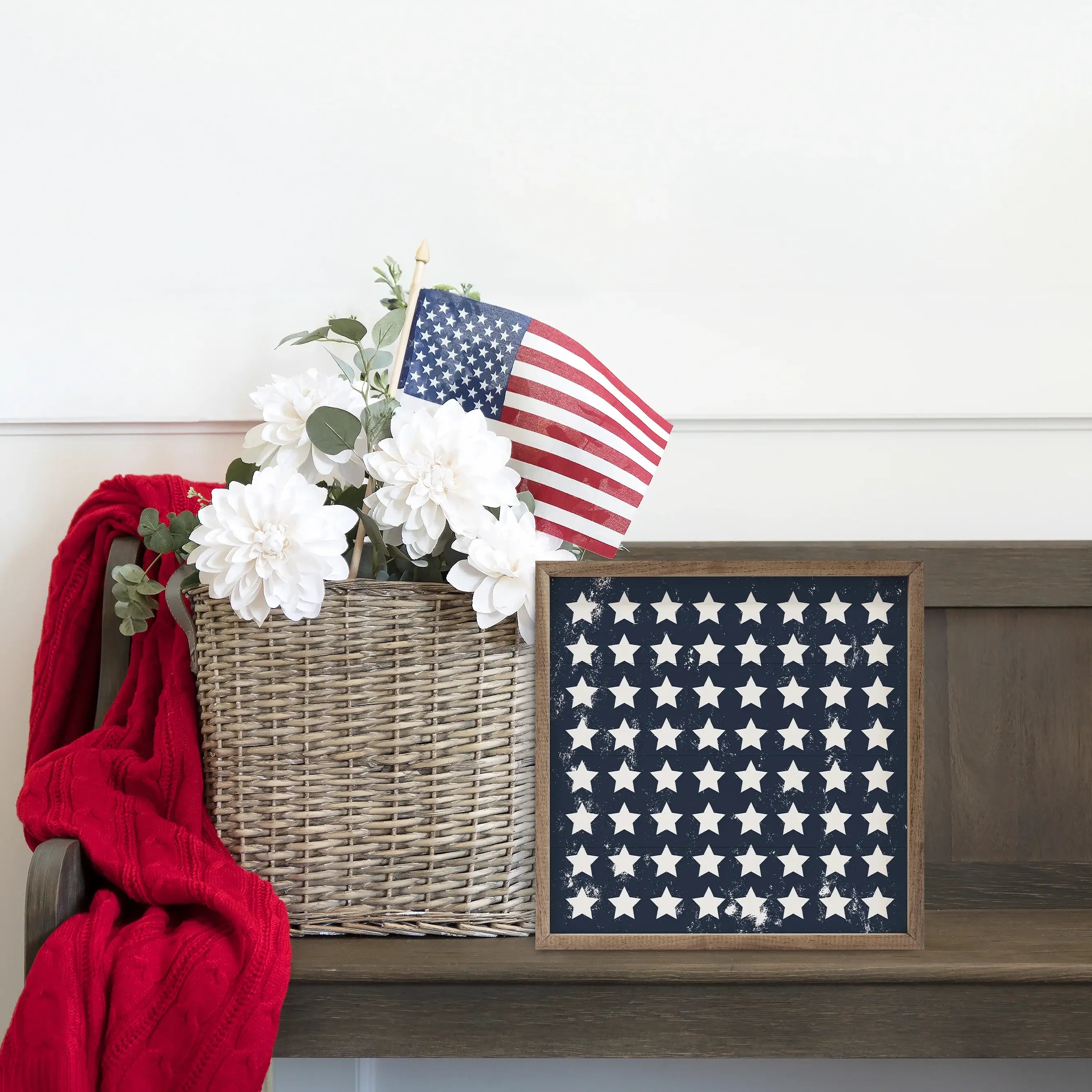 Pattern White Stars On Blue Wood Framed Print