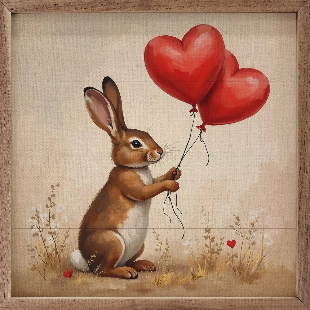 Red Heart Balloon Bunny Wood Framed Print