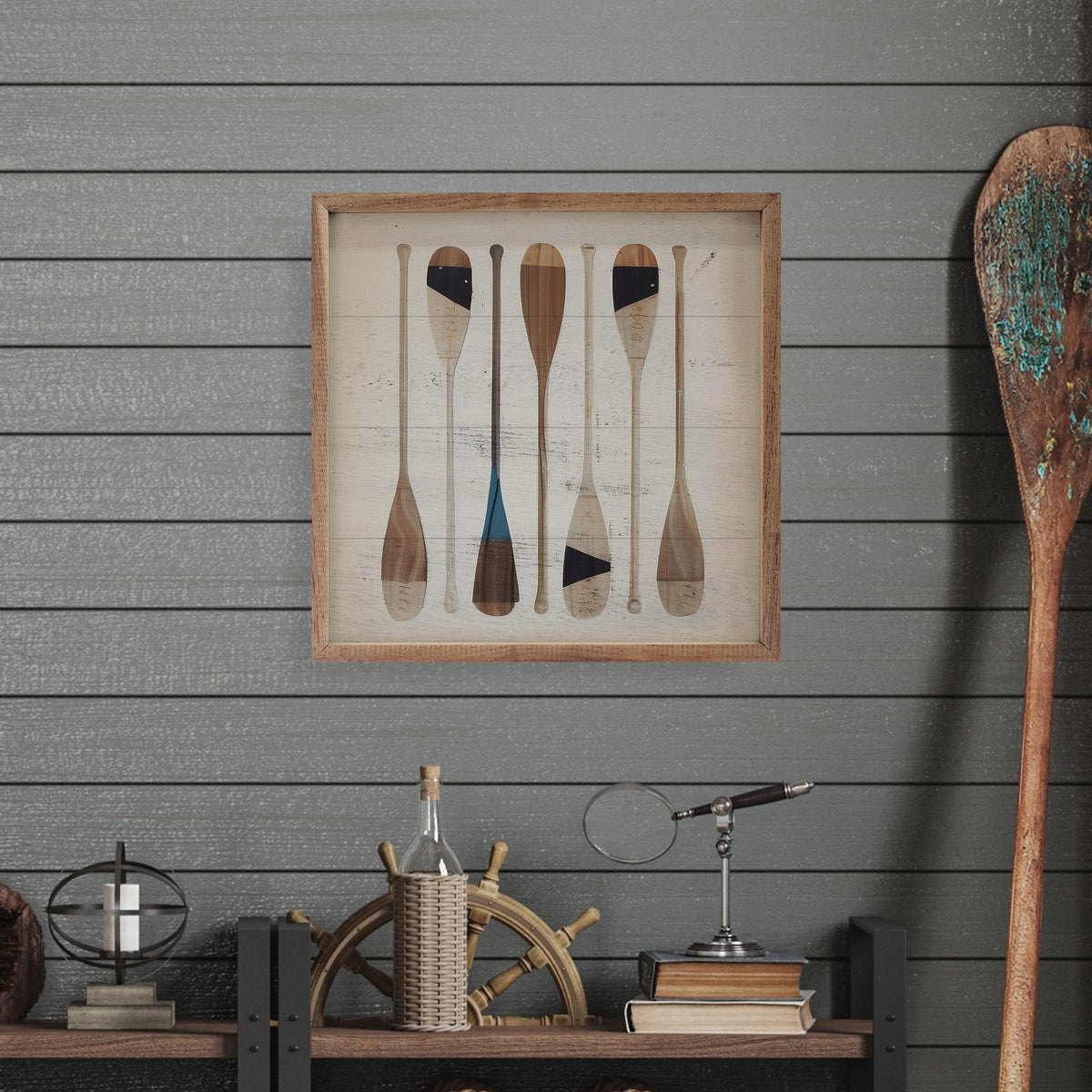 Seven Oars Navy Diagonal Wood Framed Print