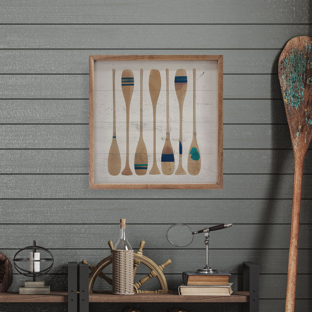 Seven Oars Navy Stripe Wood Framed Print