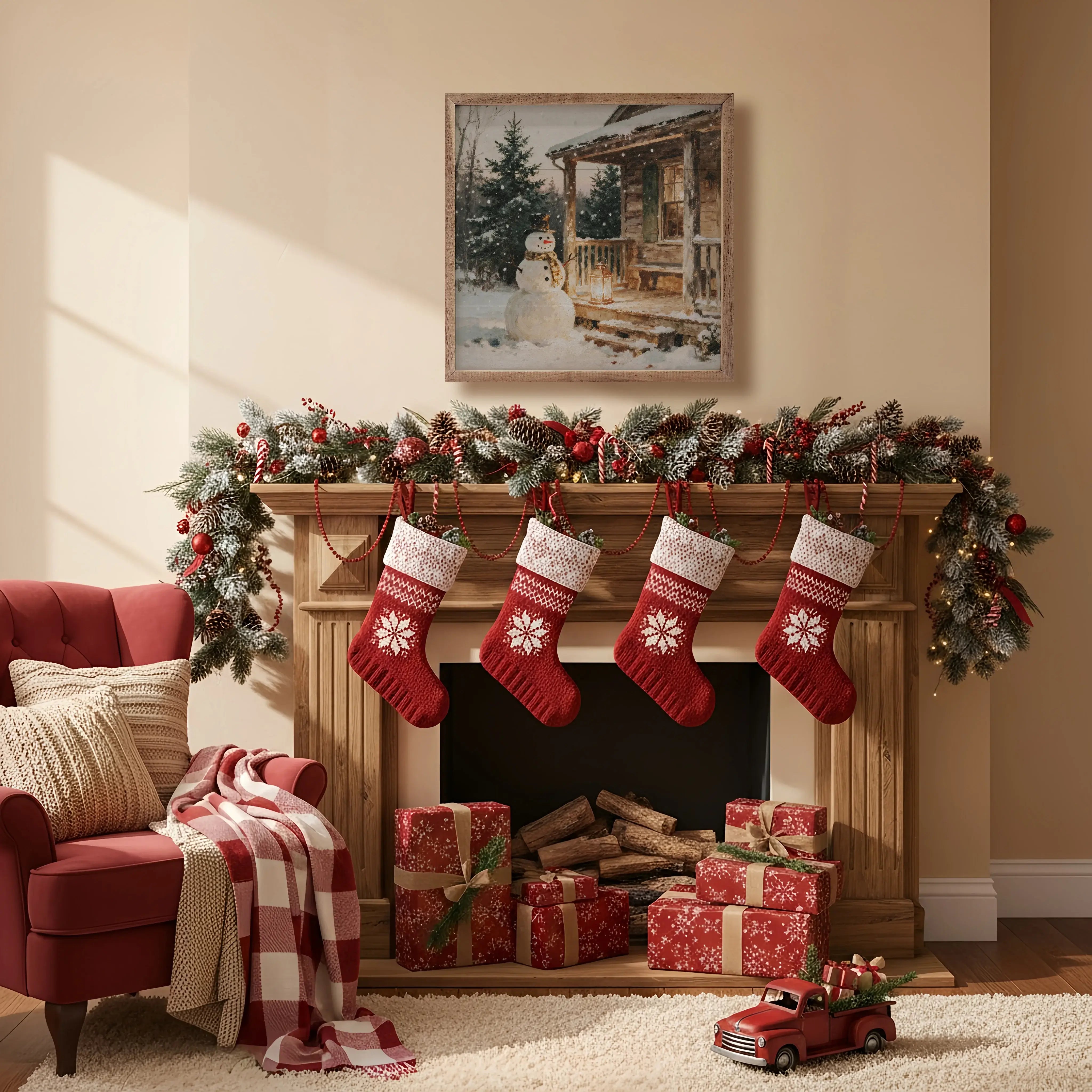 Snowman At The Cabin Wood Framed Print