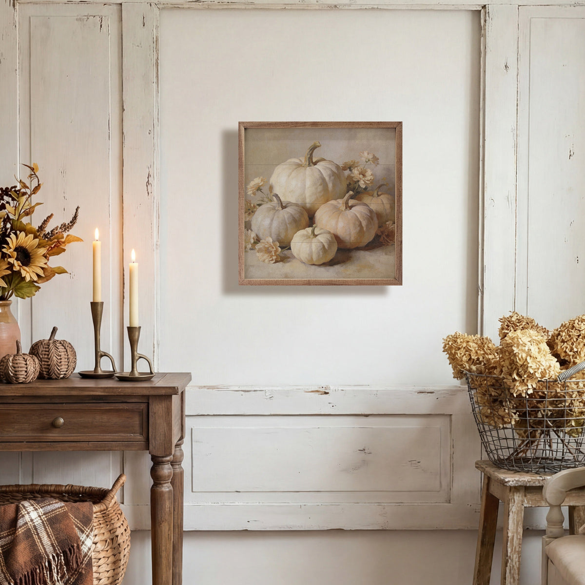 Soft White Pumpkin Arrangement Wood Framed Print