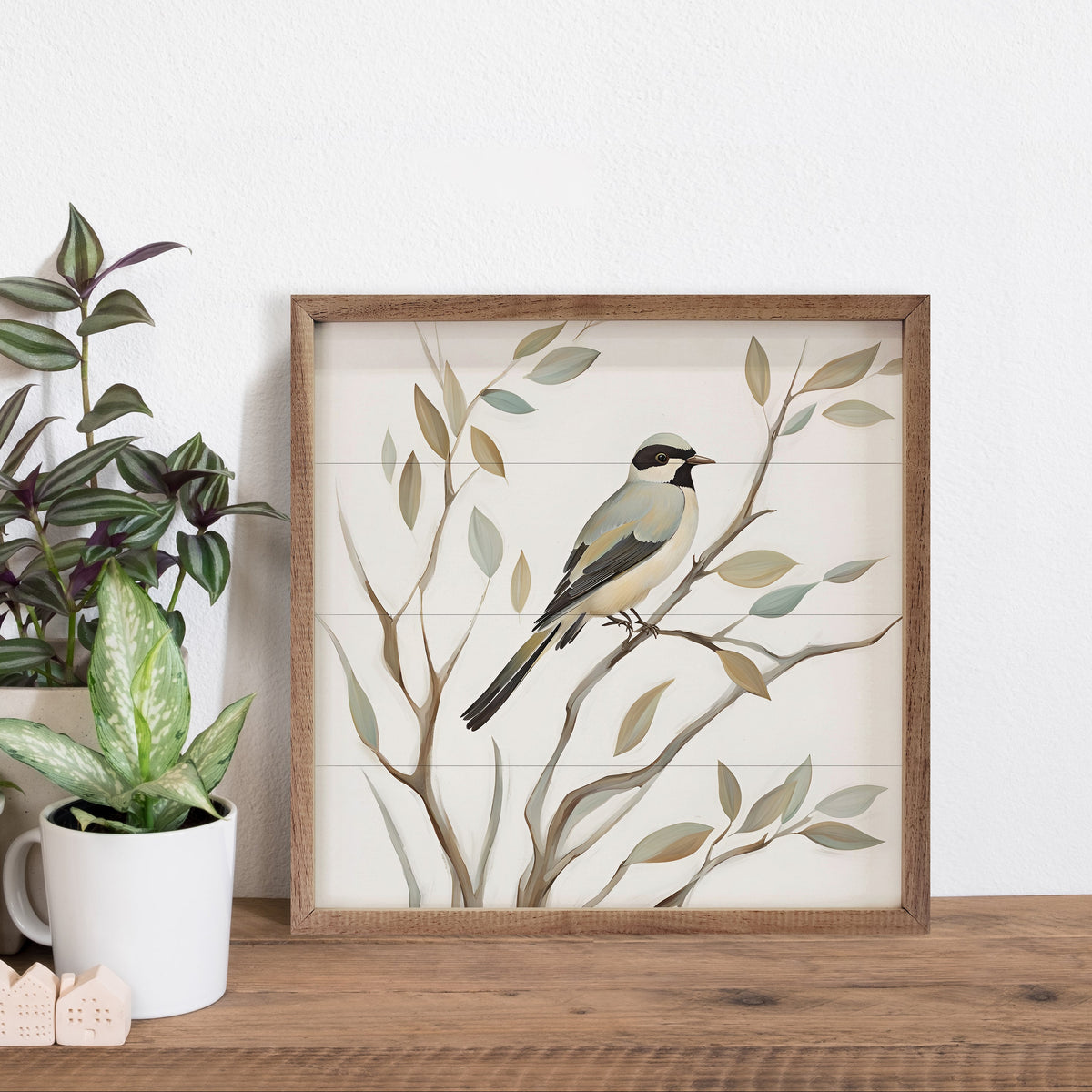 Solo Bird On Branch Wood Framed Print