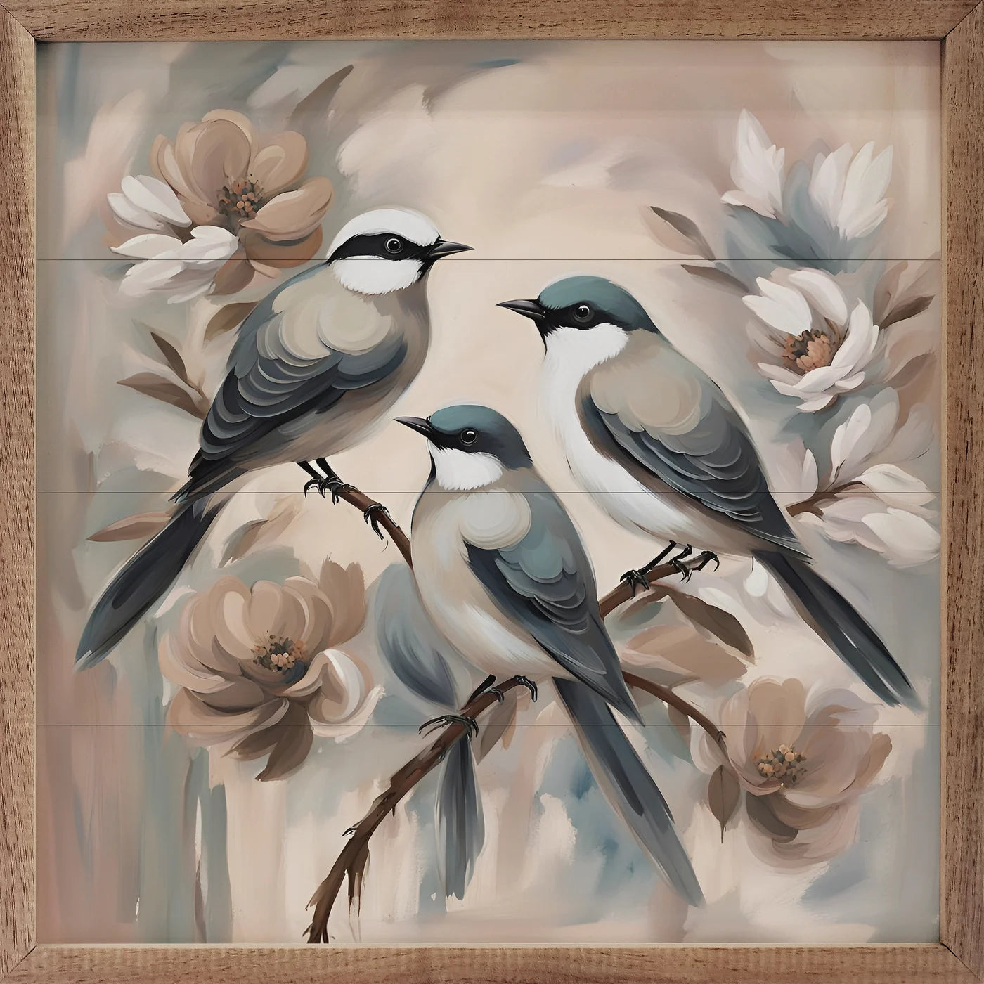 Three Birds On Floral Branch Wood Framed Print