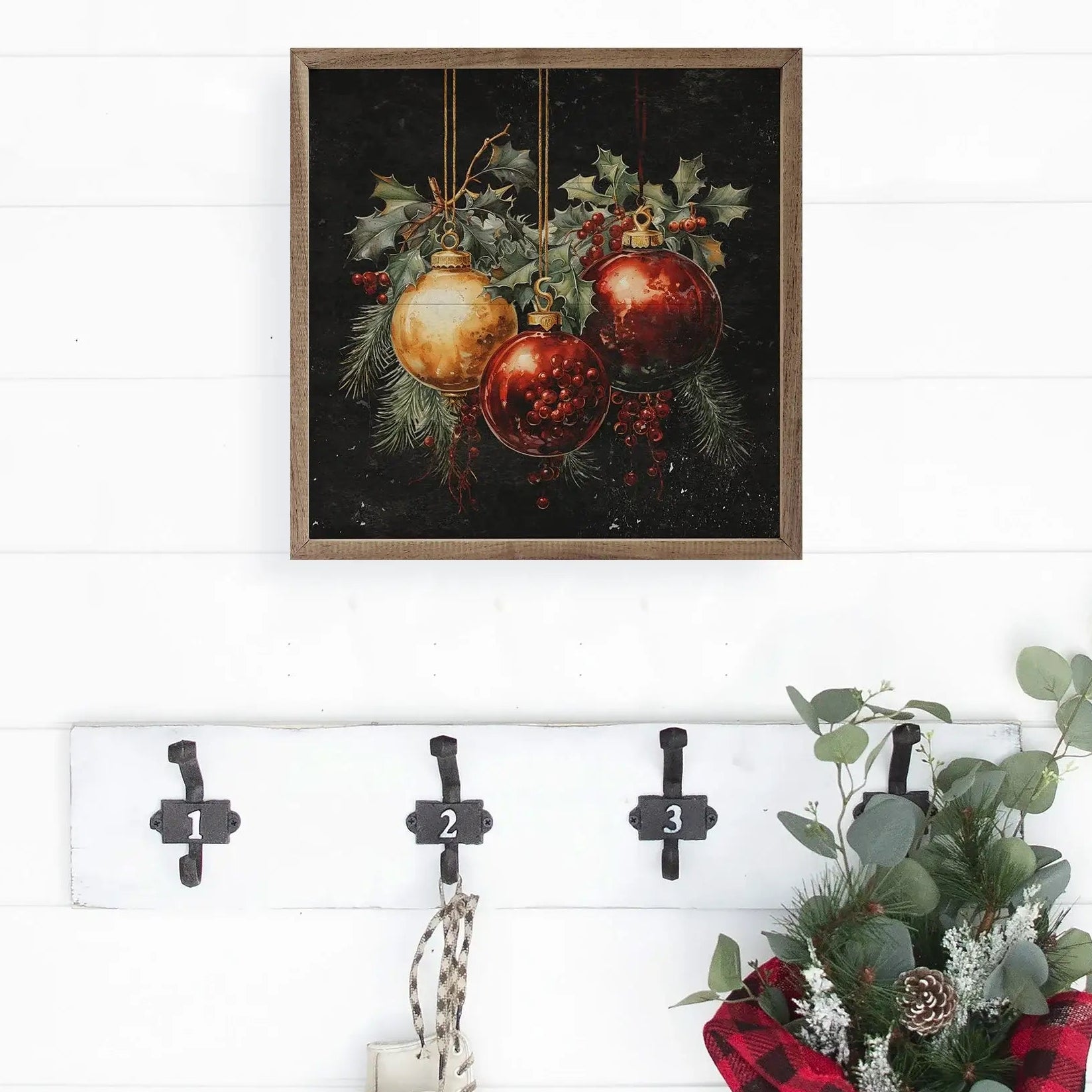 Three Ornaments With Holly Wood Framed Print