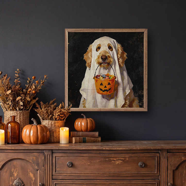 Trick Or Treat Goldendoodle Wood Framed Print