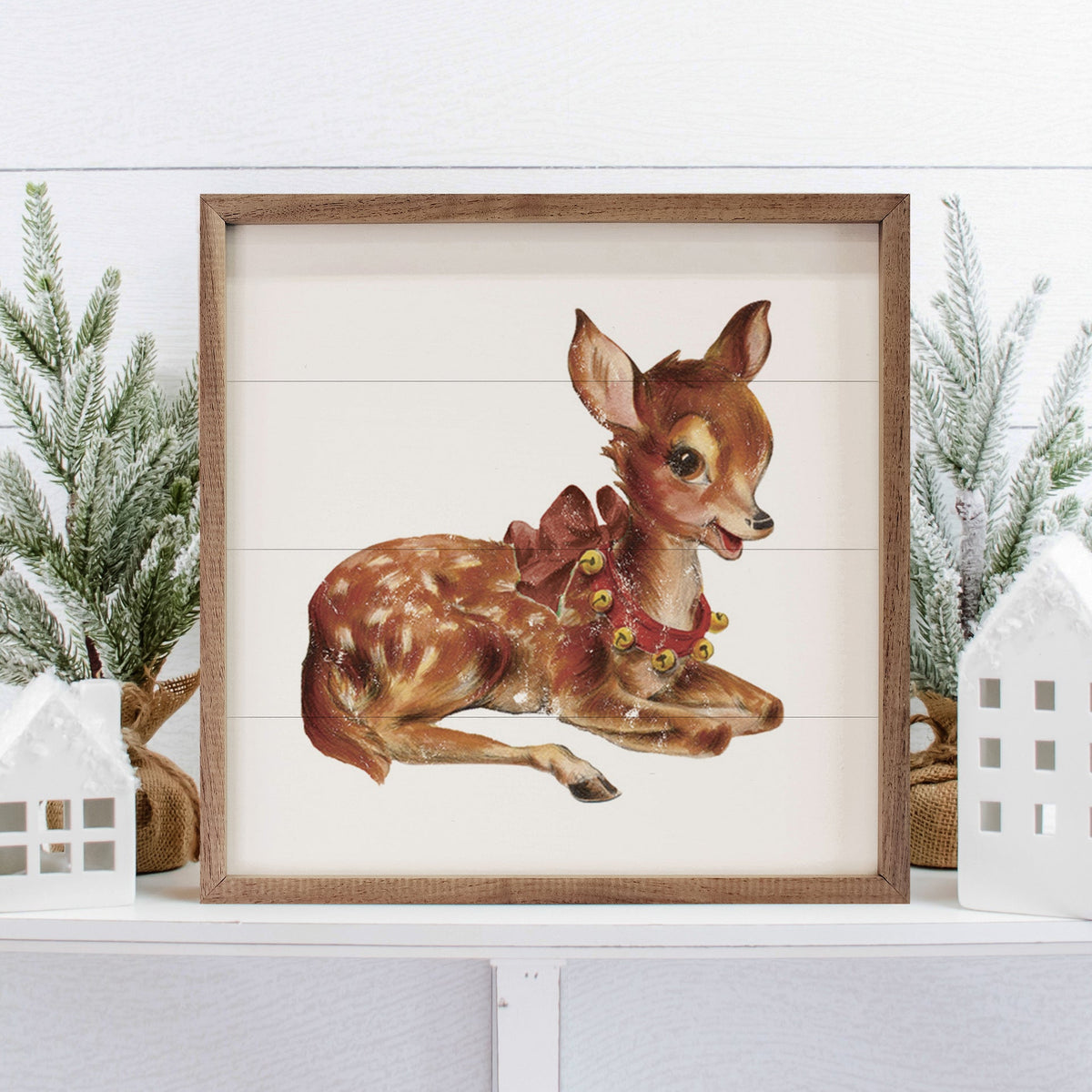 Vintage Jingle Bells Deer Wood Framed Print