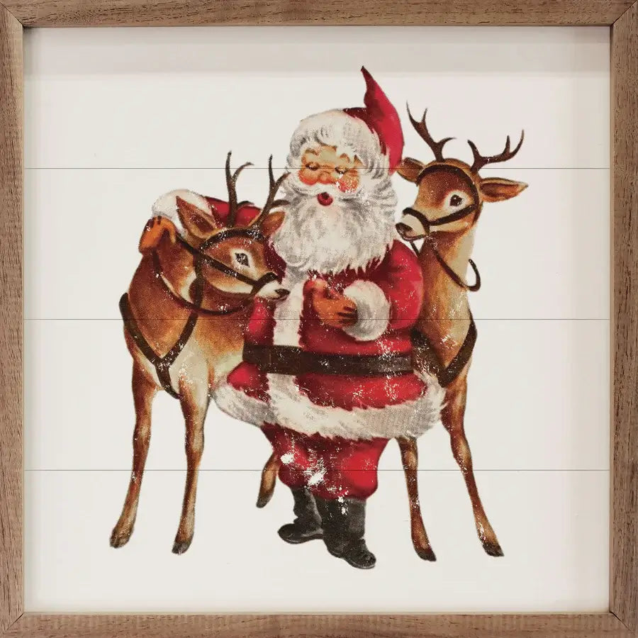 Vintage Two Deer With Santa Wood Framed Print