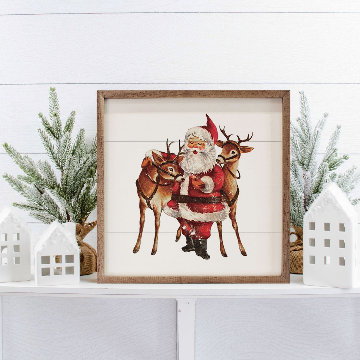 Vintage Two Deer With Santa Wood Framed Print