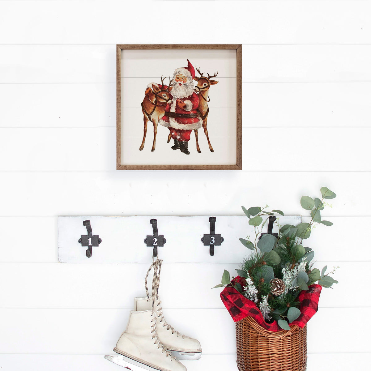 Vintage Two Deer With Santa Wood Framed Print