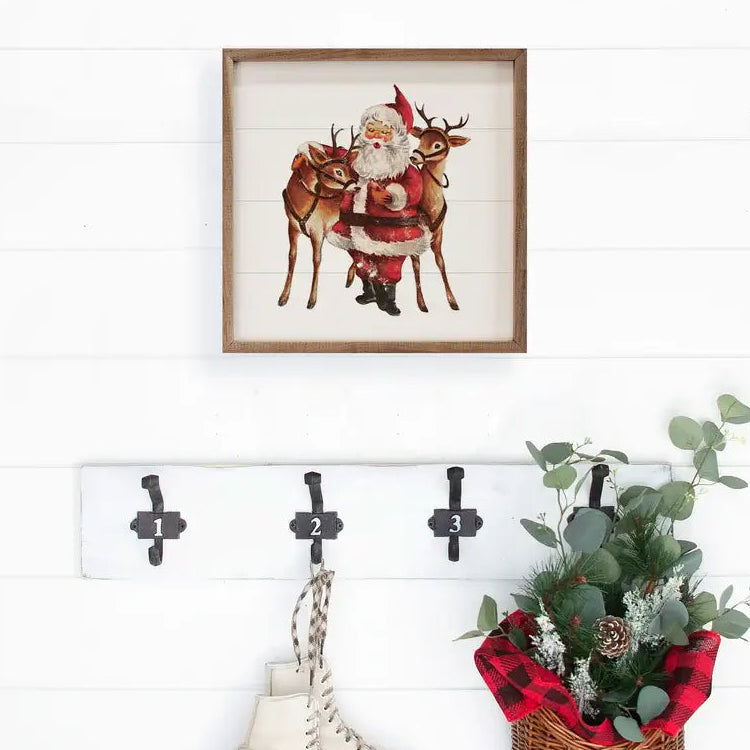 Vintage Two Deer With Santa Wood Framed Print