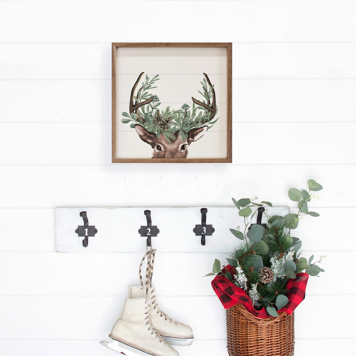Watercolor Christmas Deer Wood Framed Print