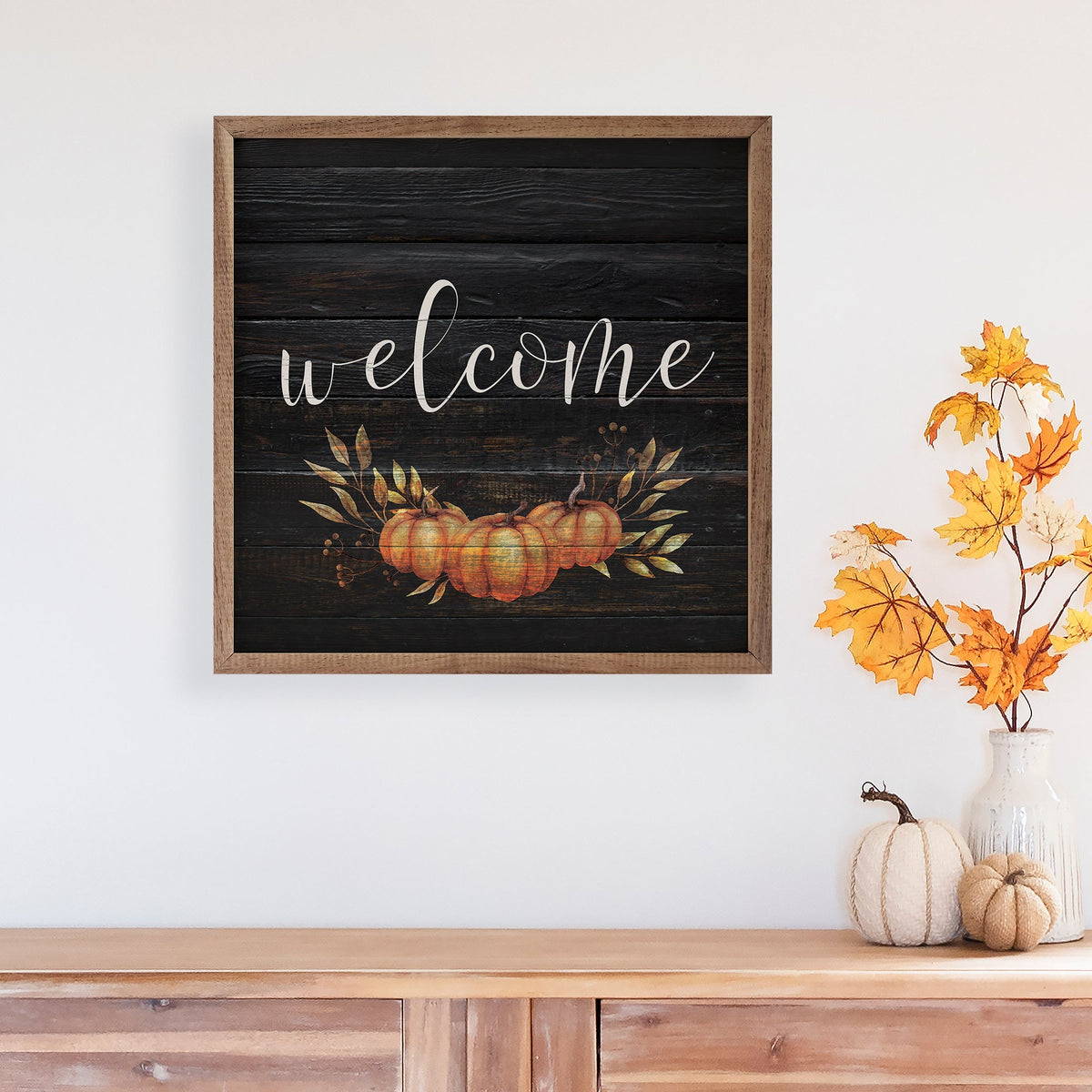 Welcome Pumpkin Black Wood Framed Print