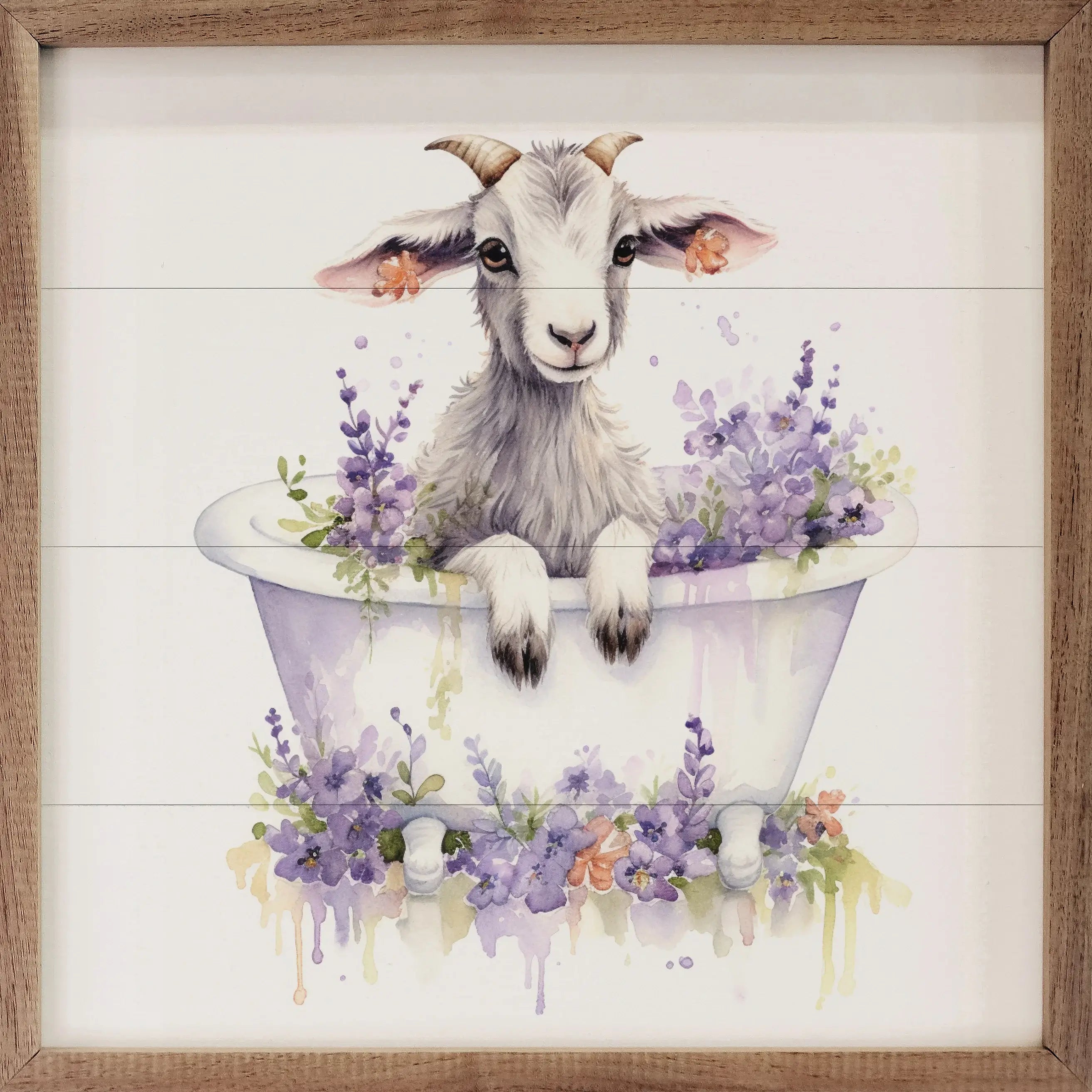 White Goat With Flowers Wood Framed Print