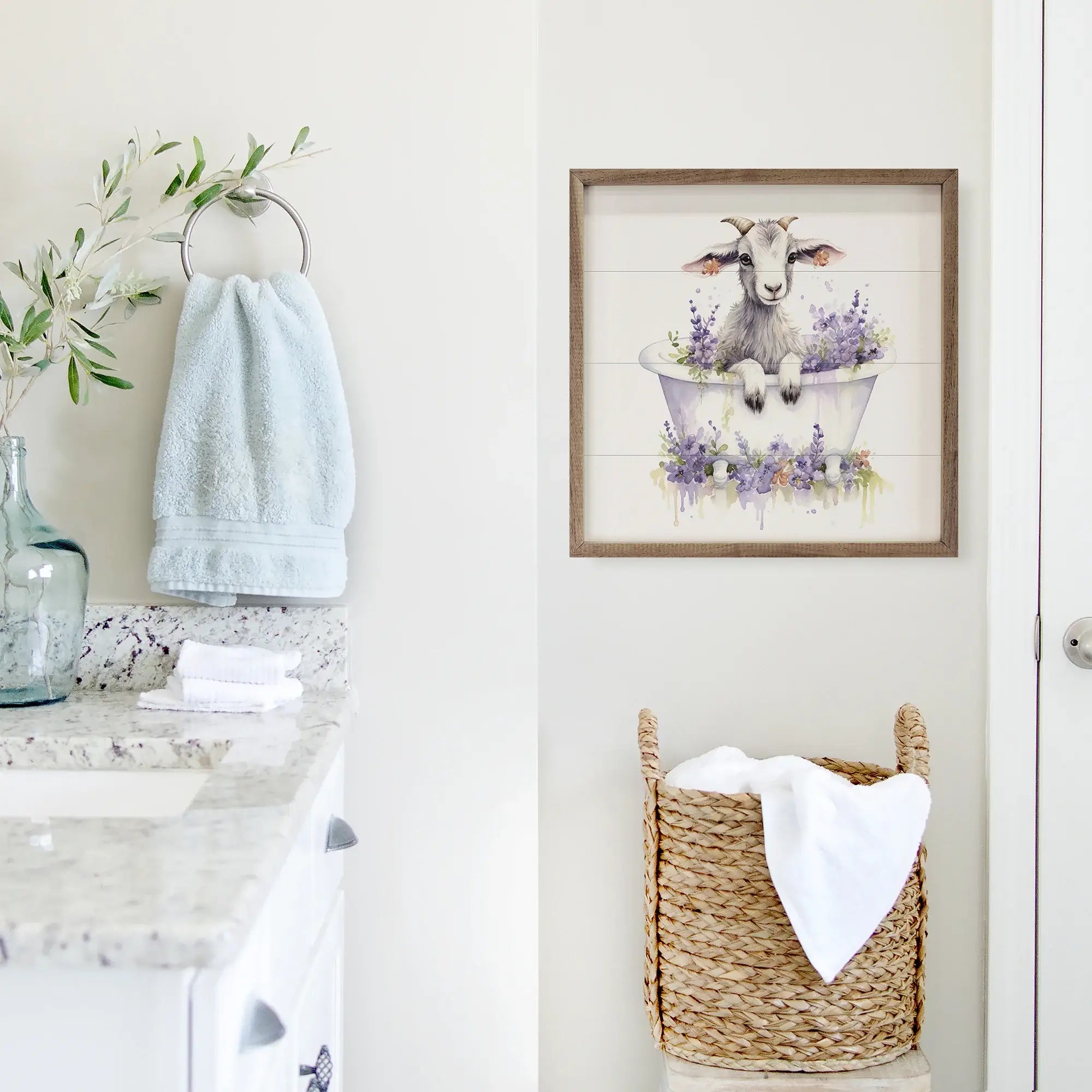 White Goat With Flowers Wood Framed Print