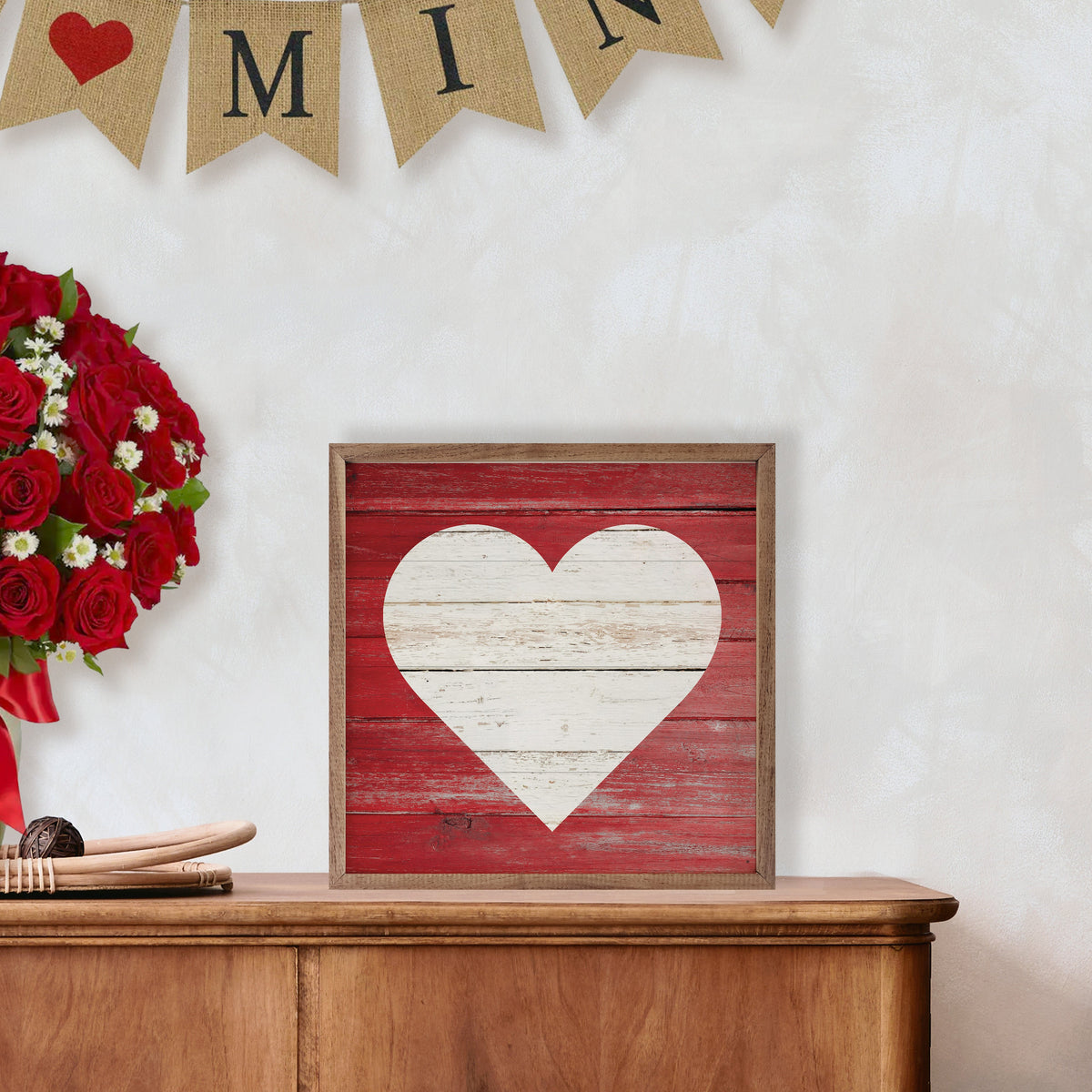 White Heart On Red Wood Framed Print