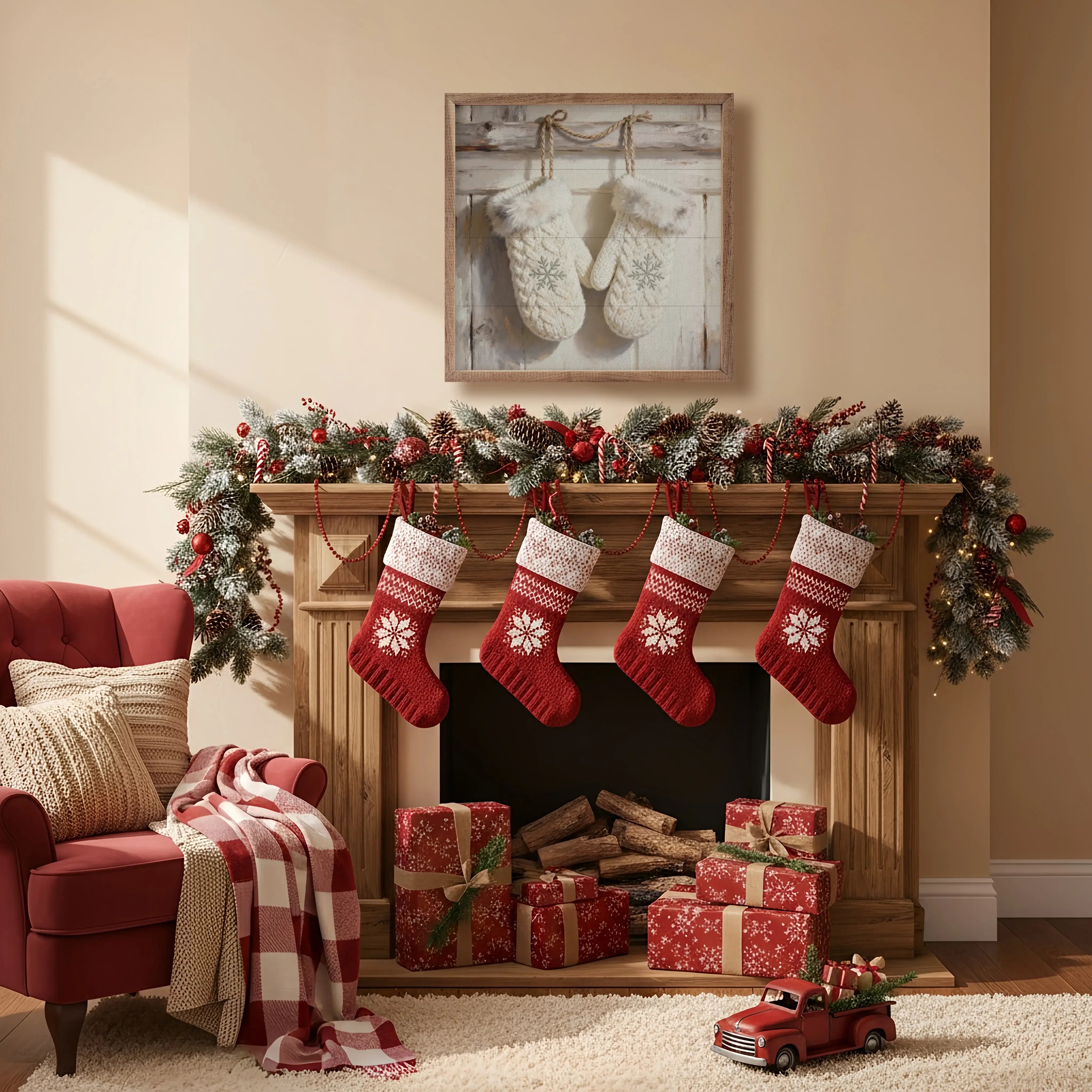 White Mittens With Snowflakes Wood Framed Print