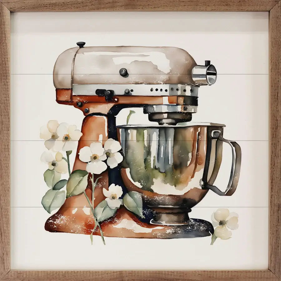White Mixer With Flowers Wood Framed Print