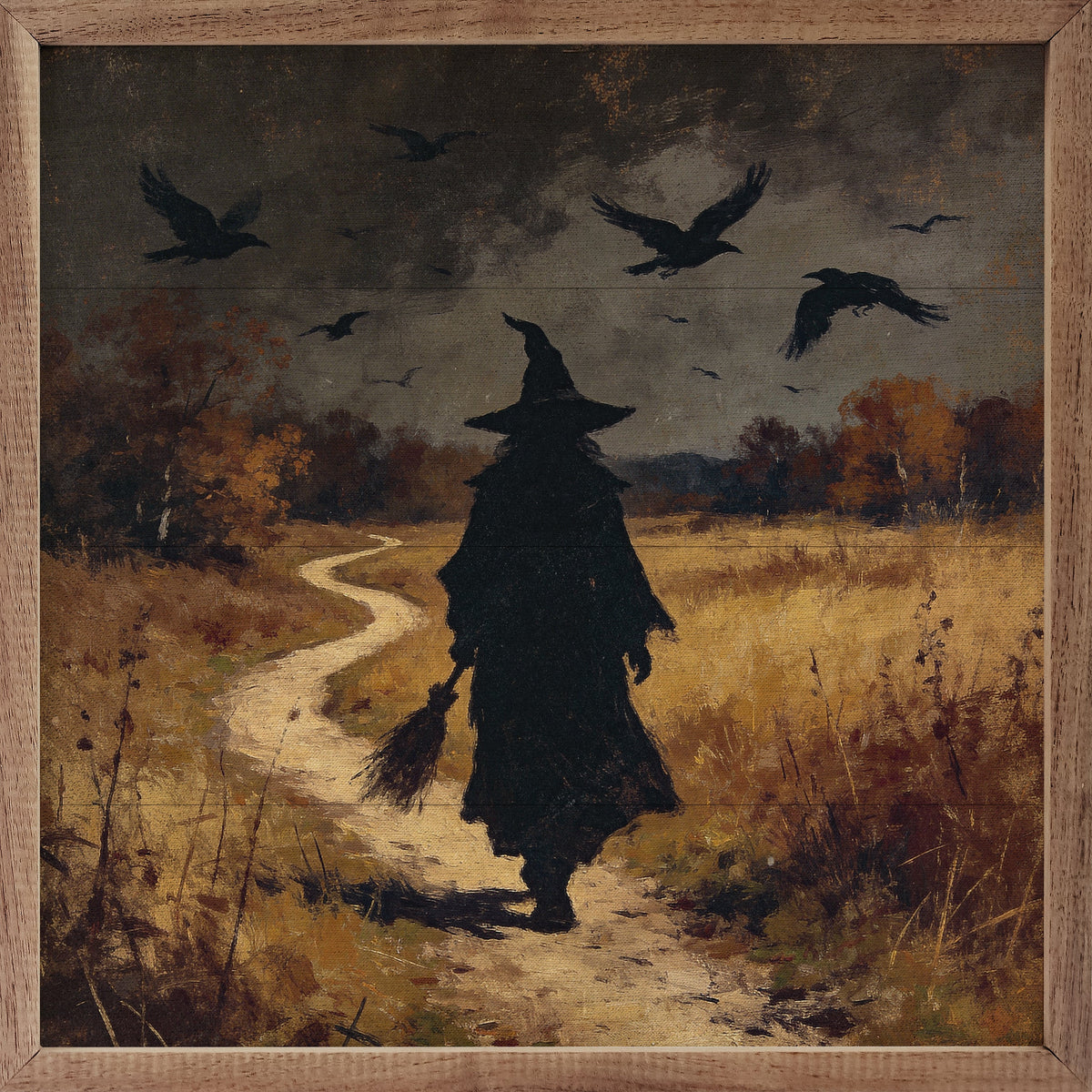 Witch Walking Alongside Bats Wood Framed Print