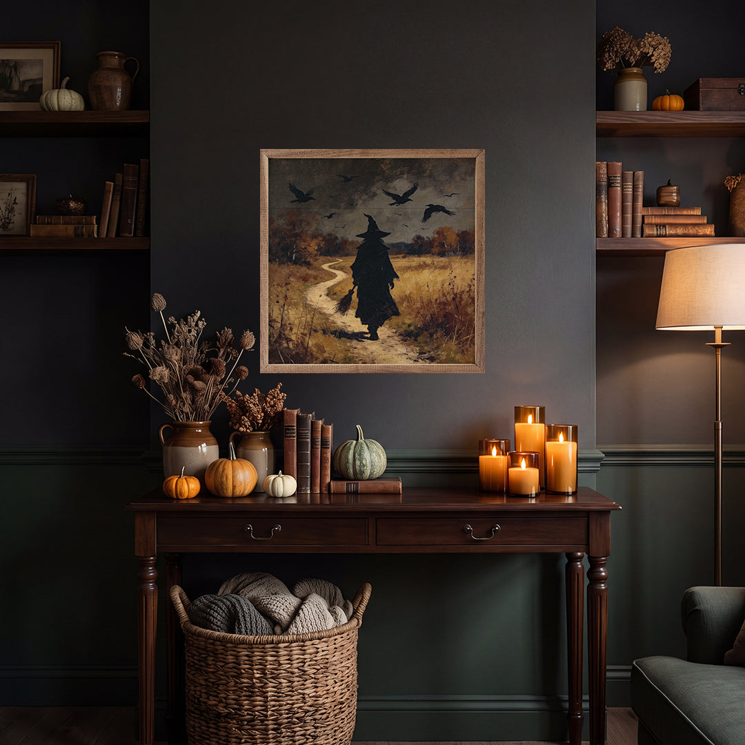 Witch Walking Alongside Bats Wood Framed Print