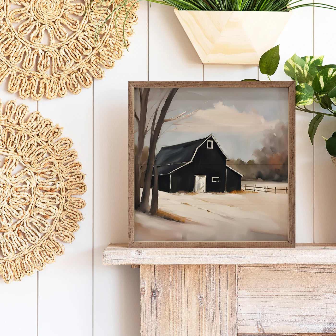 Black Barn With Fence Wood Framed Print