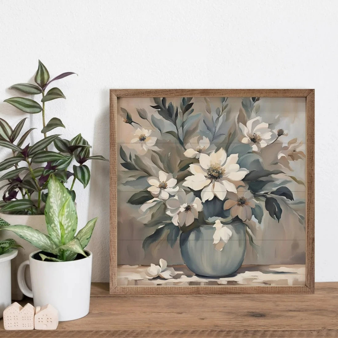 Blue And Tan Florals In Vase Wood Framed Print