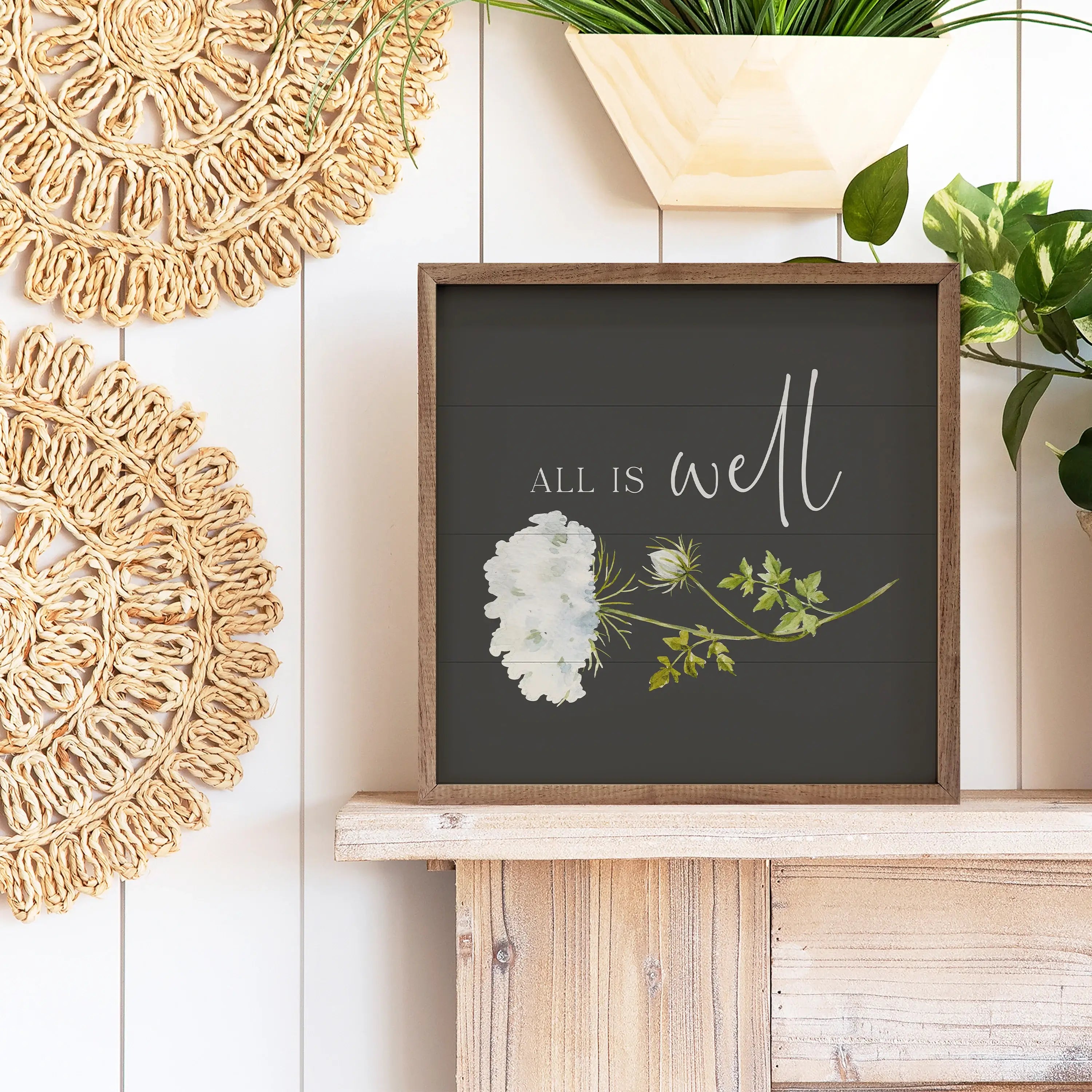 All Is Well Flower Wood Framed Print