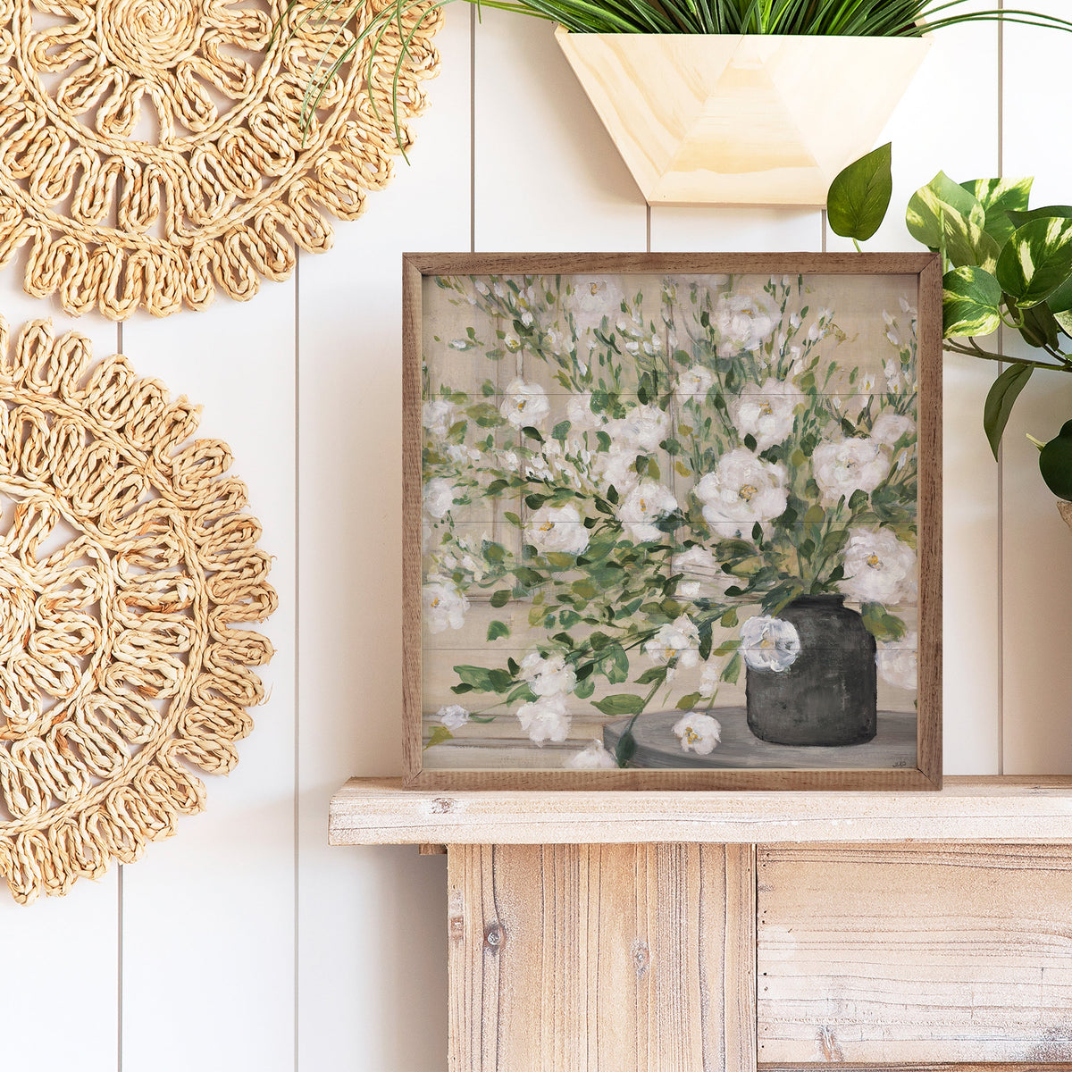 White Bouquet Gray Vase By Julia Purinton Wood Framed Print
