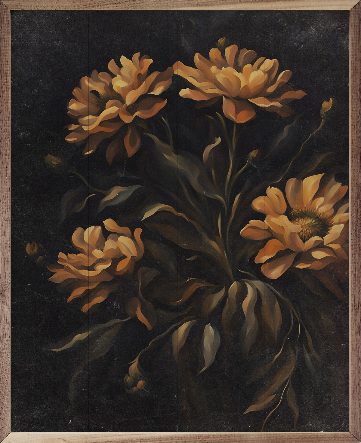 Dark Orange Florals Wood Framed Print