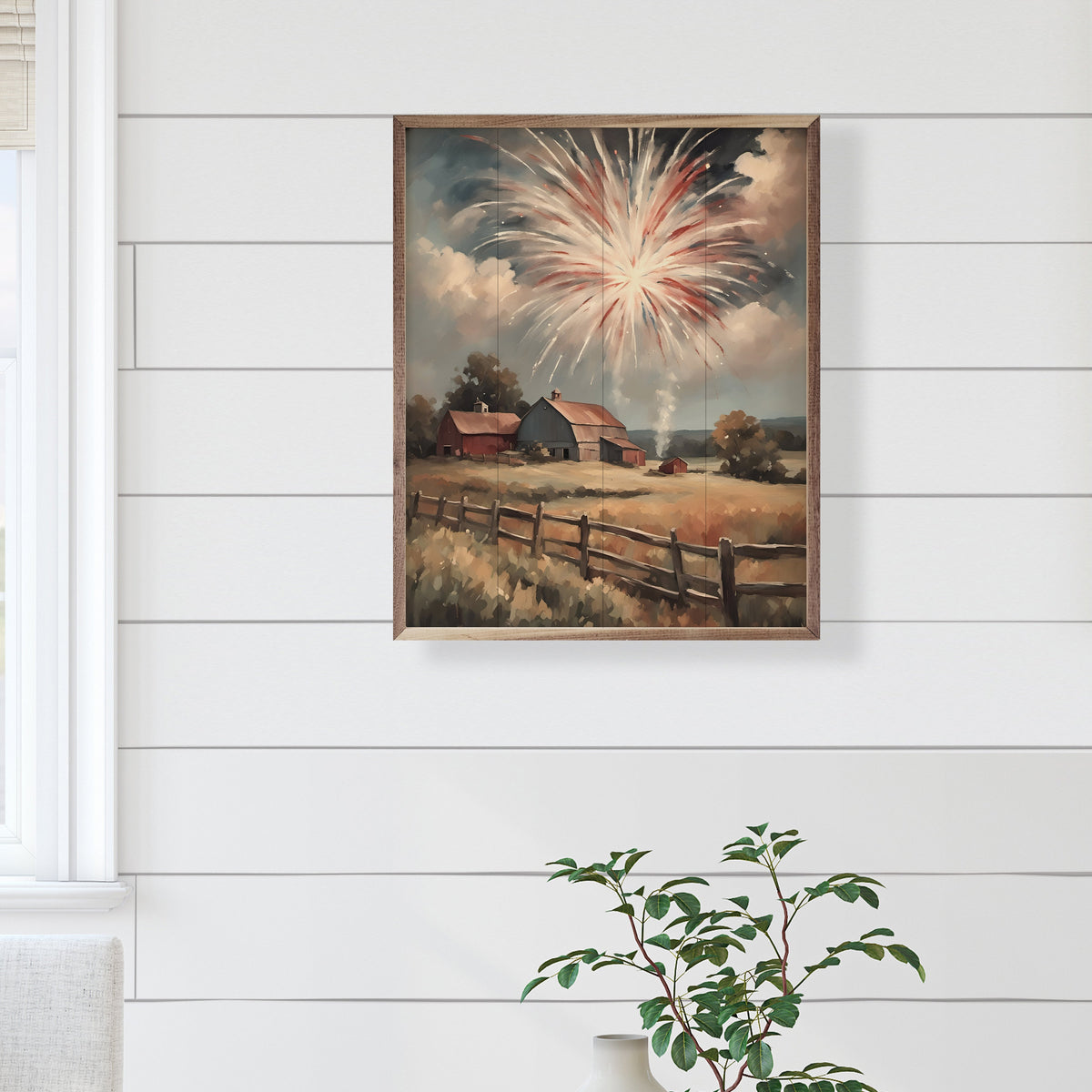 Fireworks South Over Barns Wood Framed Print