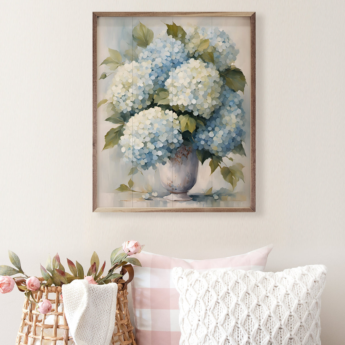 Hydrangeas In White Vase Wood Framed Print