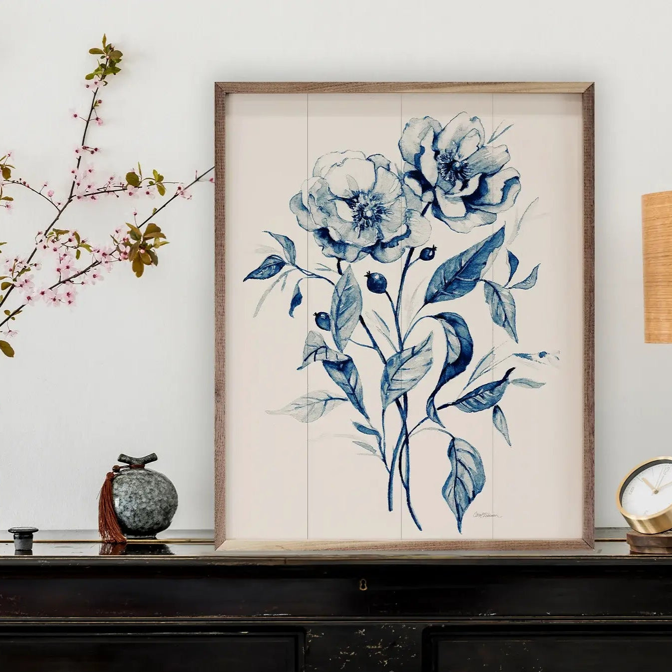 Indigo Wild Roses Wood Framed Print