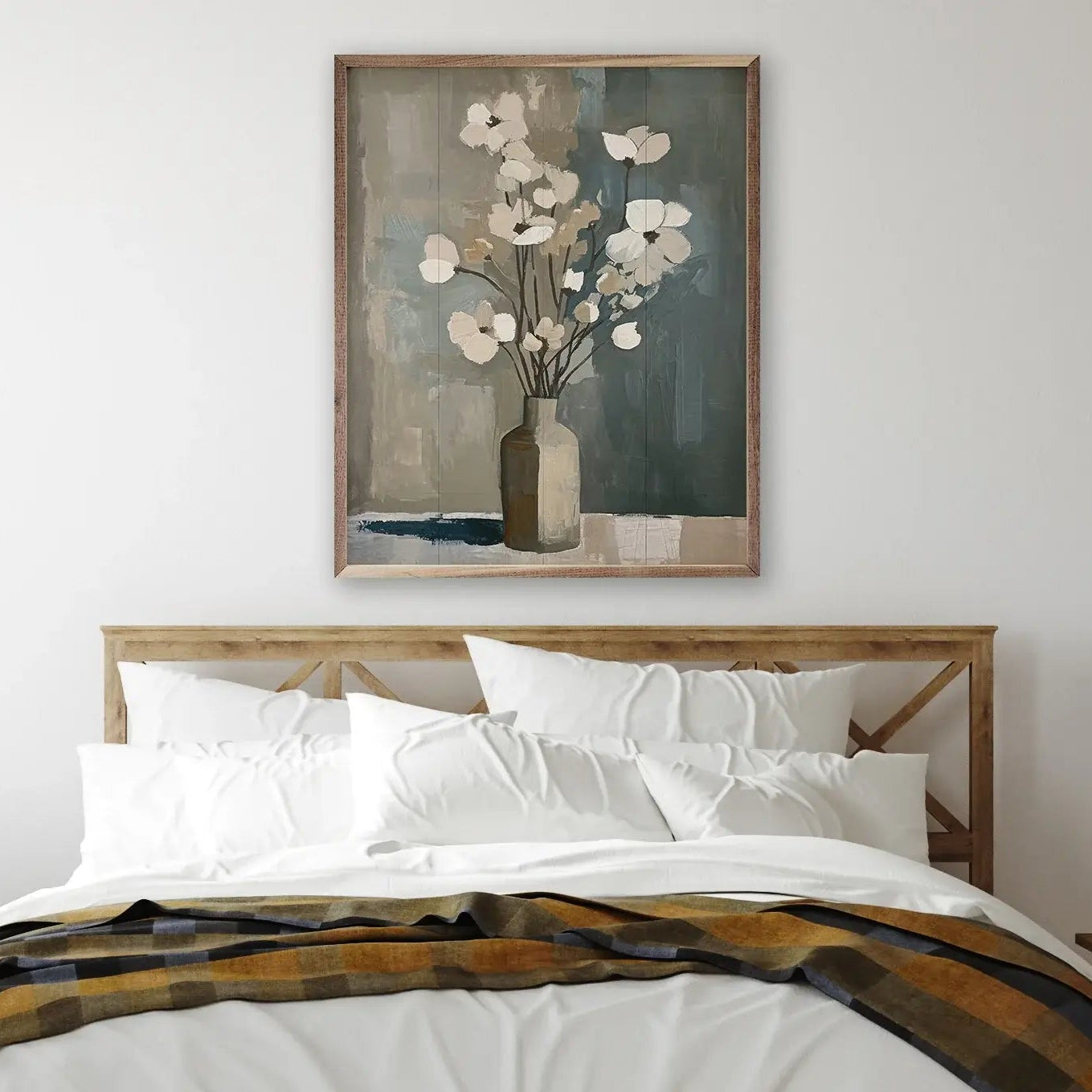 Neutral Floral Vase Wood Framed Print