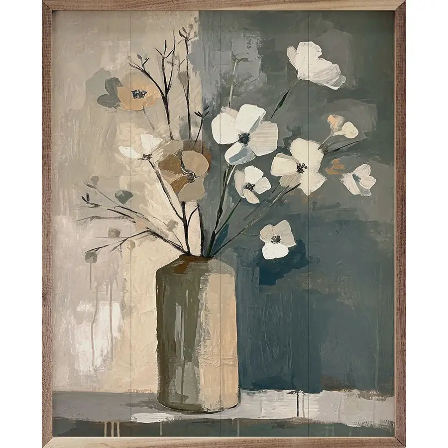 Neutral Floral Vase Wood Framed Print