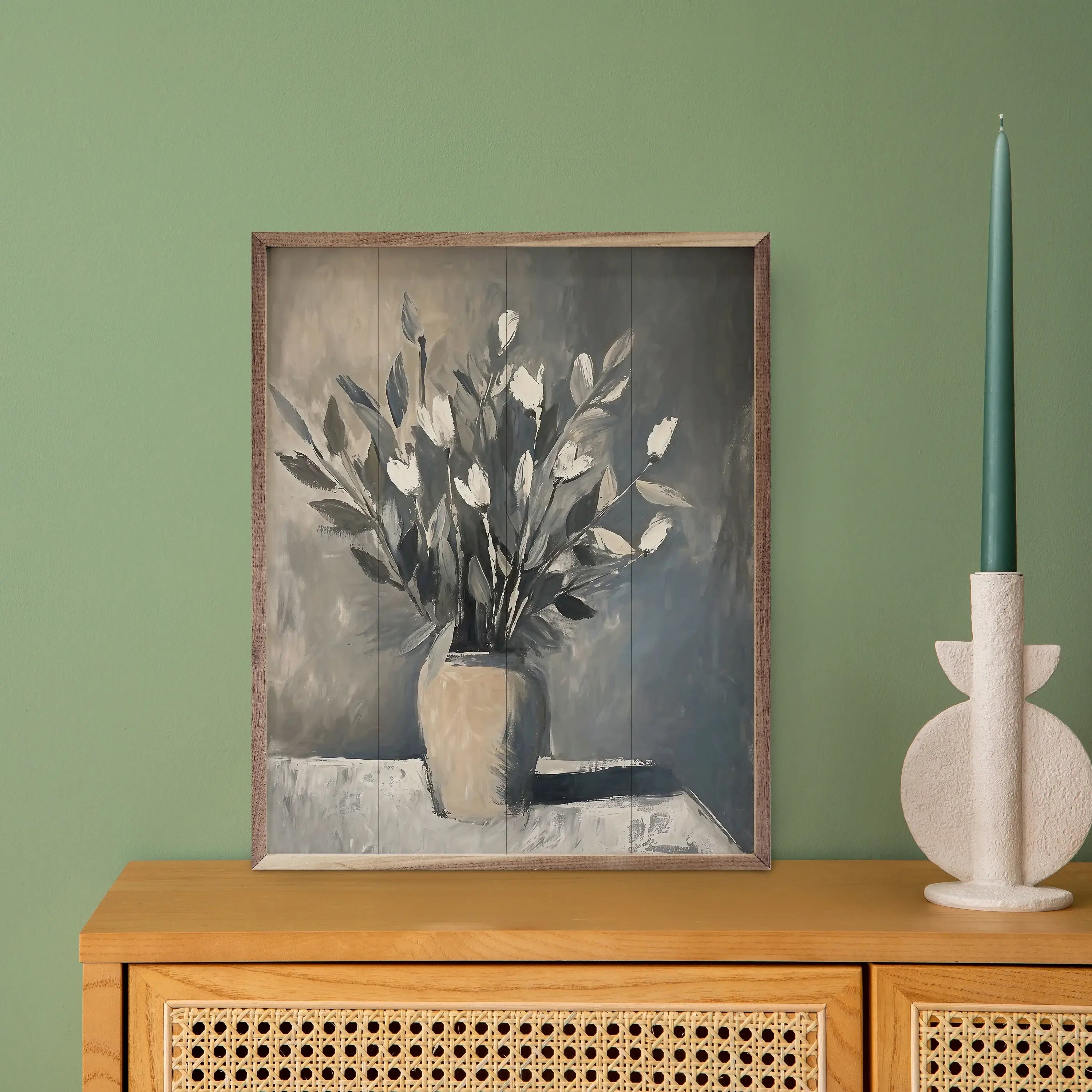 Neutral Floral Vase Wood Framed Print