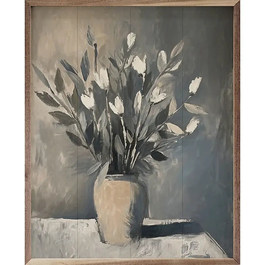 Neutral Floral Vase Wood Framed Print