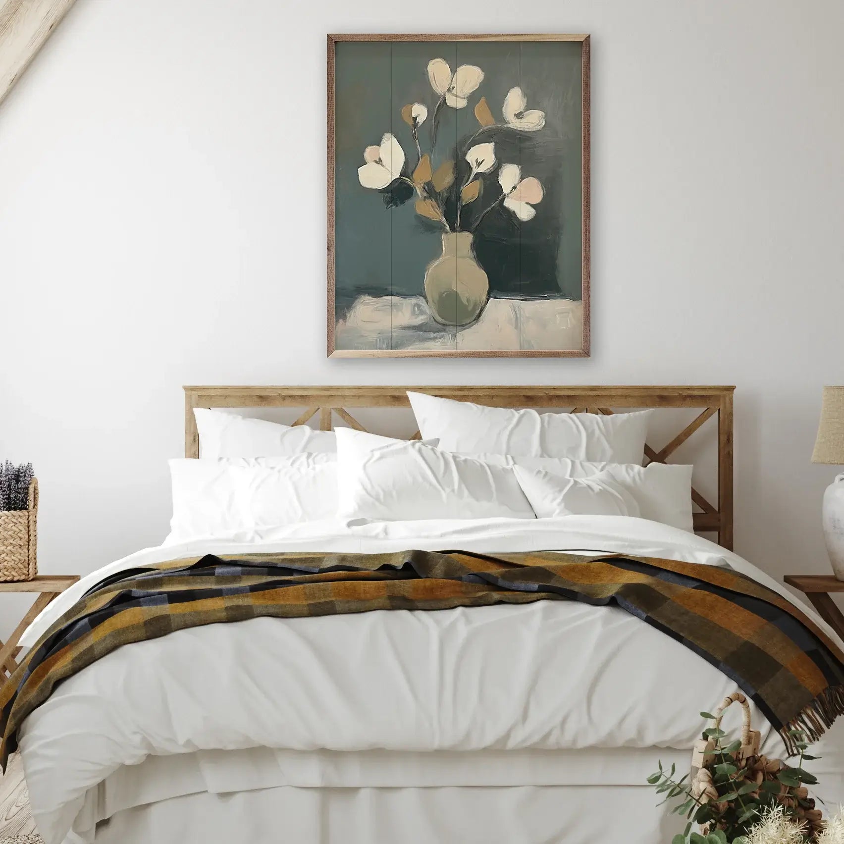 Neutral Floral Vase Wood Framed Print