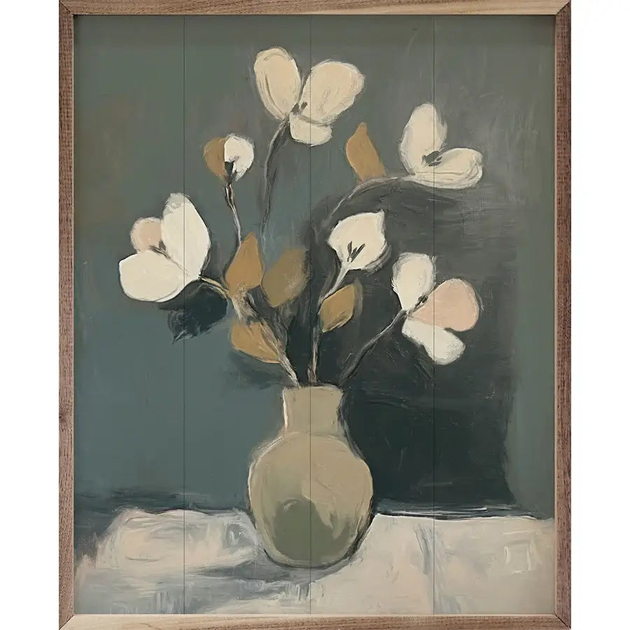 Neutral Floral Vase Wood Framed Print